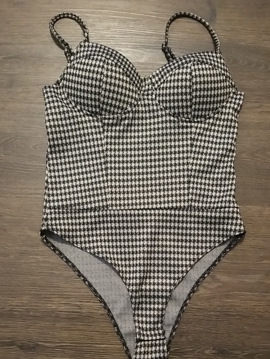 Haute Monde Tops - Haute Monde Houndstooth Bustier Bodysuit - Black & Cream